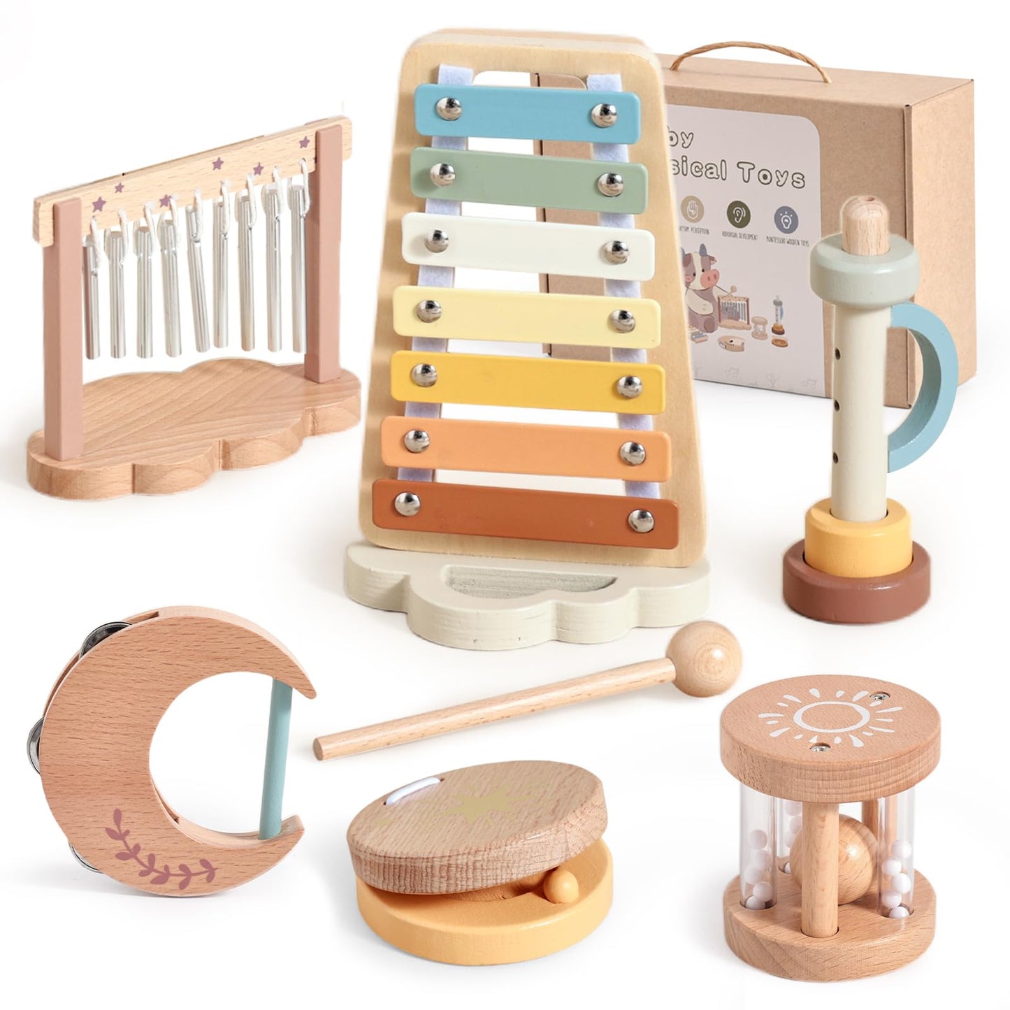 Promise Babe Wooden Xylophone Musical Instrument Sets Toy for Kids, Rattle Bell Montessori Cloud Toddler Music Percussion Toys, Christmas Birthday Gifts for Boys Girls 3 Year+