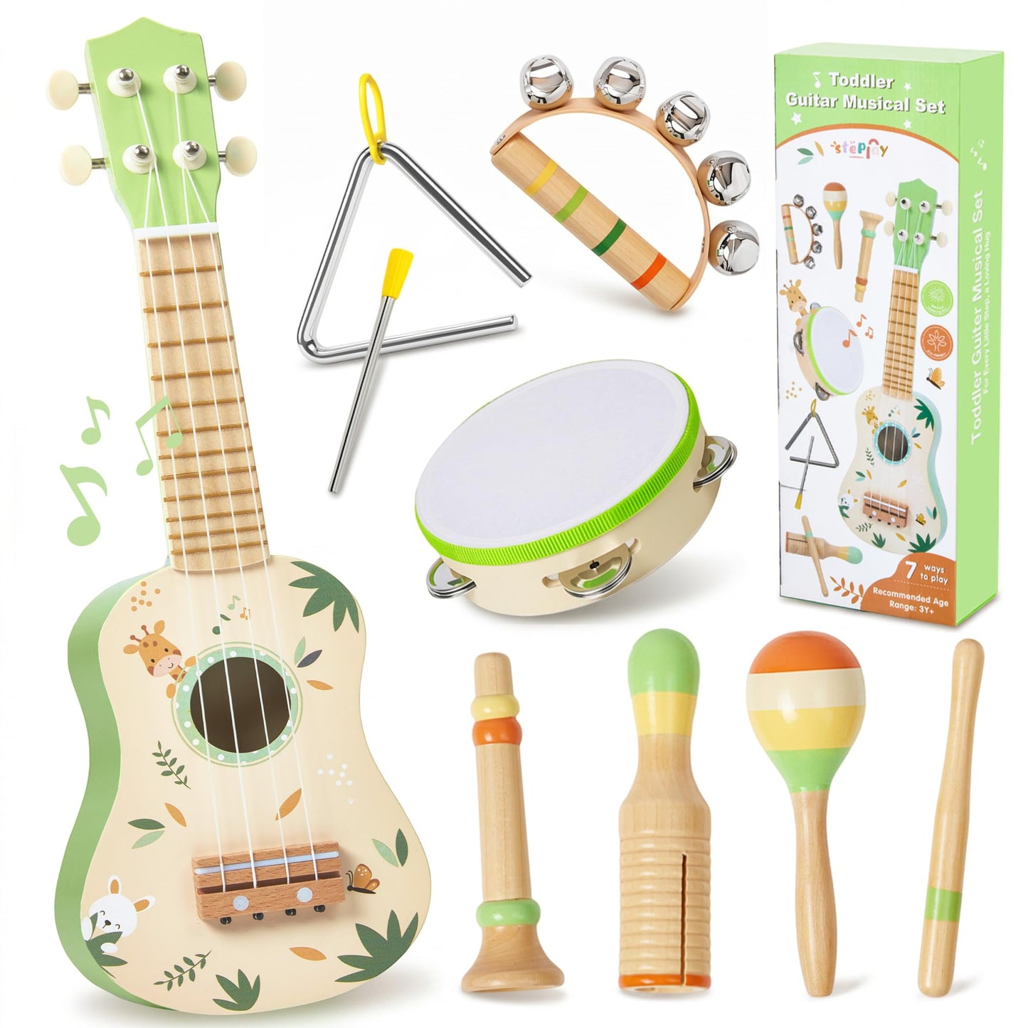 Toddler Guitar Set, 7-in-1 Wooden Baby Musical Instruments Band Includes 17" Ukulele, Maracas, Drum, Trumpet & More - Perfect Toy for Kids Ages 1-5, Ideal Gift for First Birthday Christmas