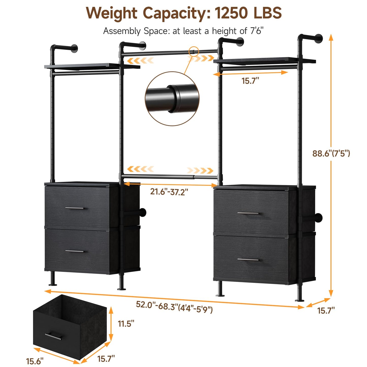 ONBRILL T4 Wall Mounted Closet System, Industrial Pipe Clothing Rack with 8 Wooden Shelves, 4 Drawers & 4 Hanging Rods (2 Expandable), Modular Heavy Duty Closet Organizers and Storage System (Black)