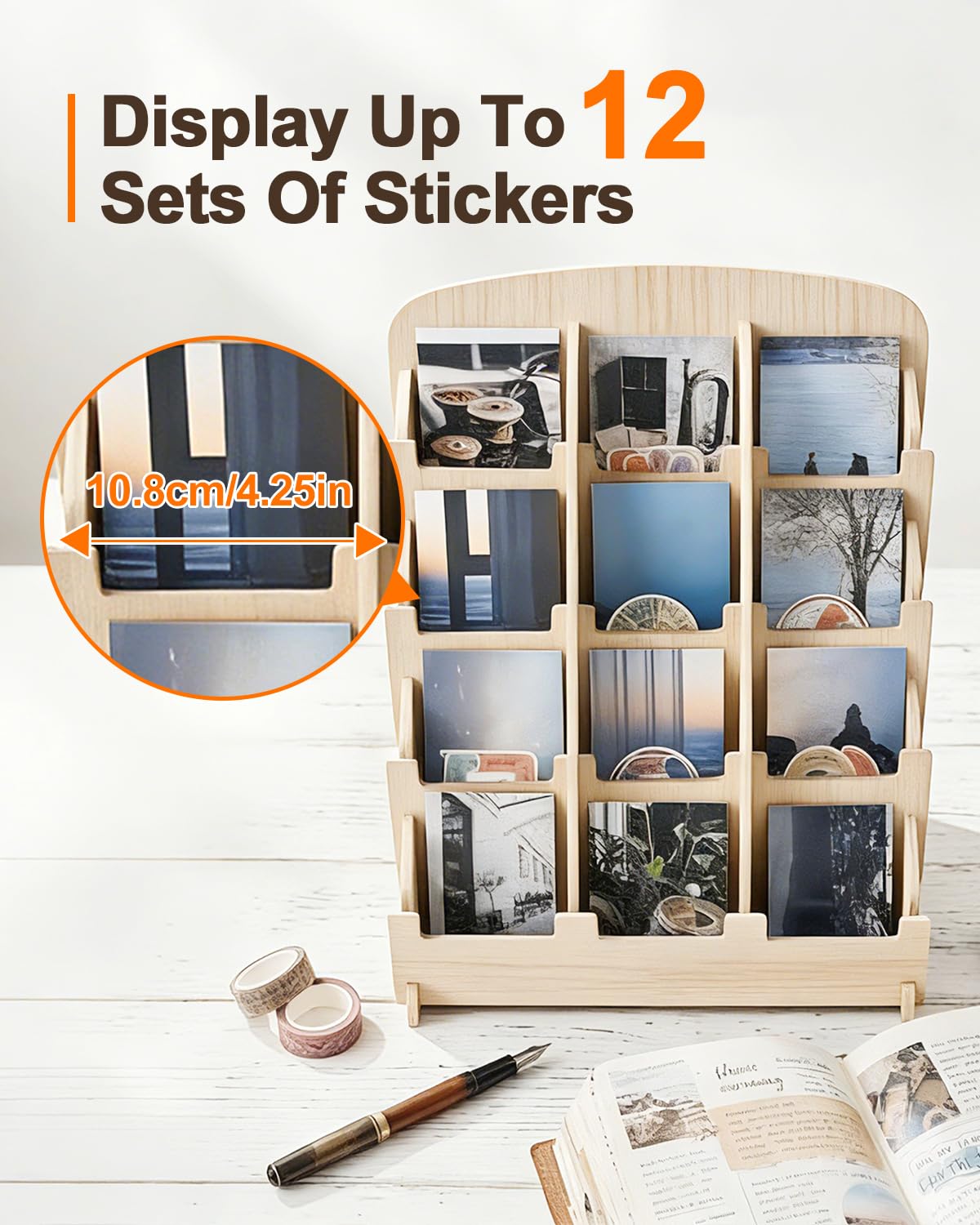 UCEC Wooden Sticker Display Stand - 4 Tier 12 Pockets Adjustable Card Display Stand for Vendors - Portable Rustic Greeting Card Organizer for Craft Shows, Stickers, Postcards & Small Business Retail