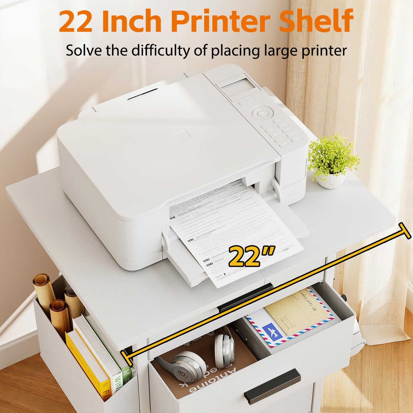 Mexin 3 Drawer File Cabinet with 22'' Extended Desktop, Mobile Filing Cabinet, Printer Stand, Rolling Printer Stand with Side Bag, Fabric Drawer, Fits A4 Size, Home Office, White