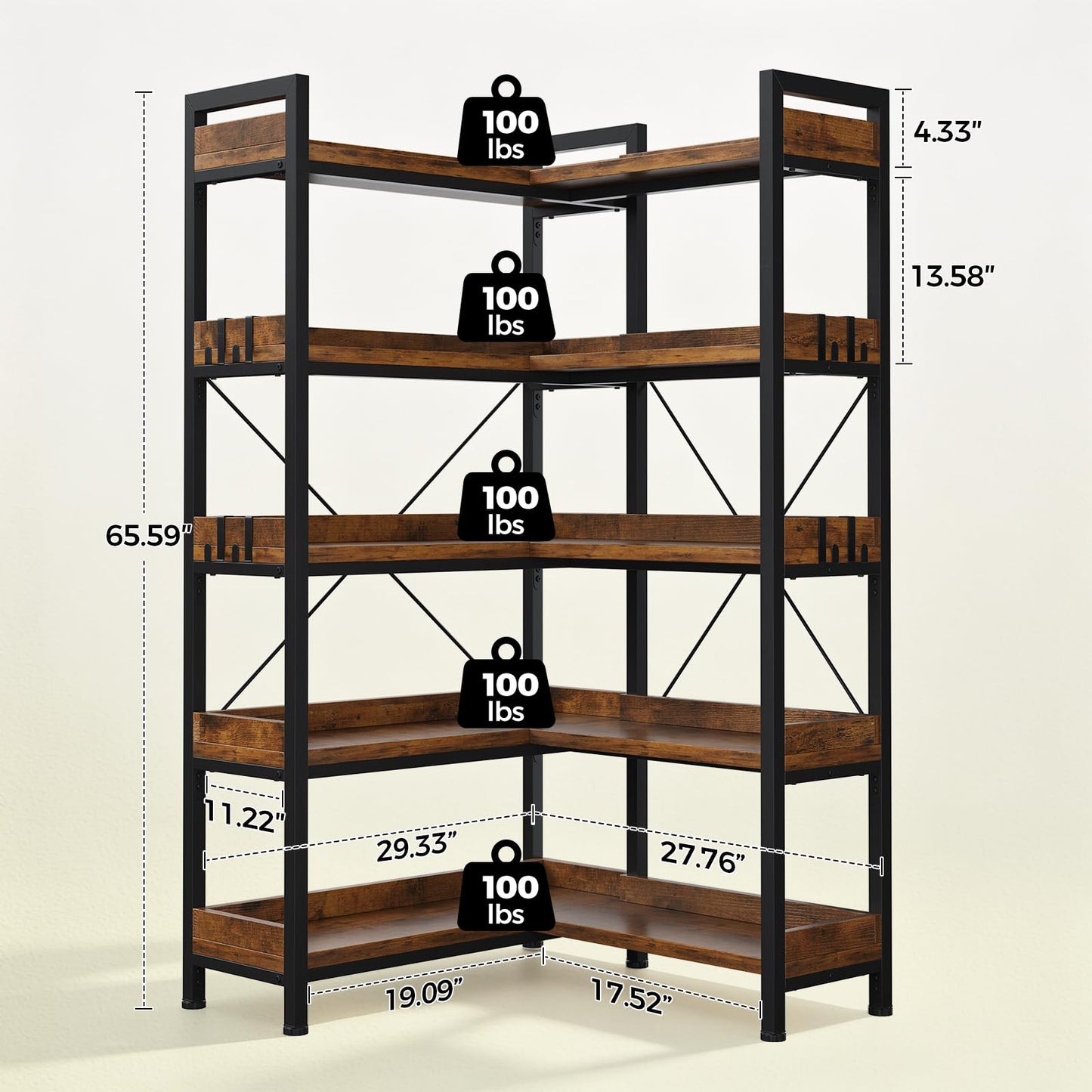 GTPLAYER 5-Tier Corner Bookshelf, L-Shaped Metal Frame Shelf with Tall 14" Shelves, Plant Stand and Storage Rack for Small Spaces, Living Room and Home Office, Brown