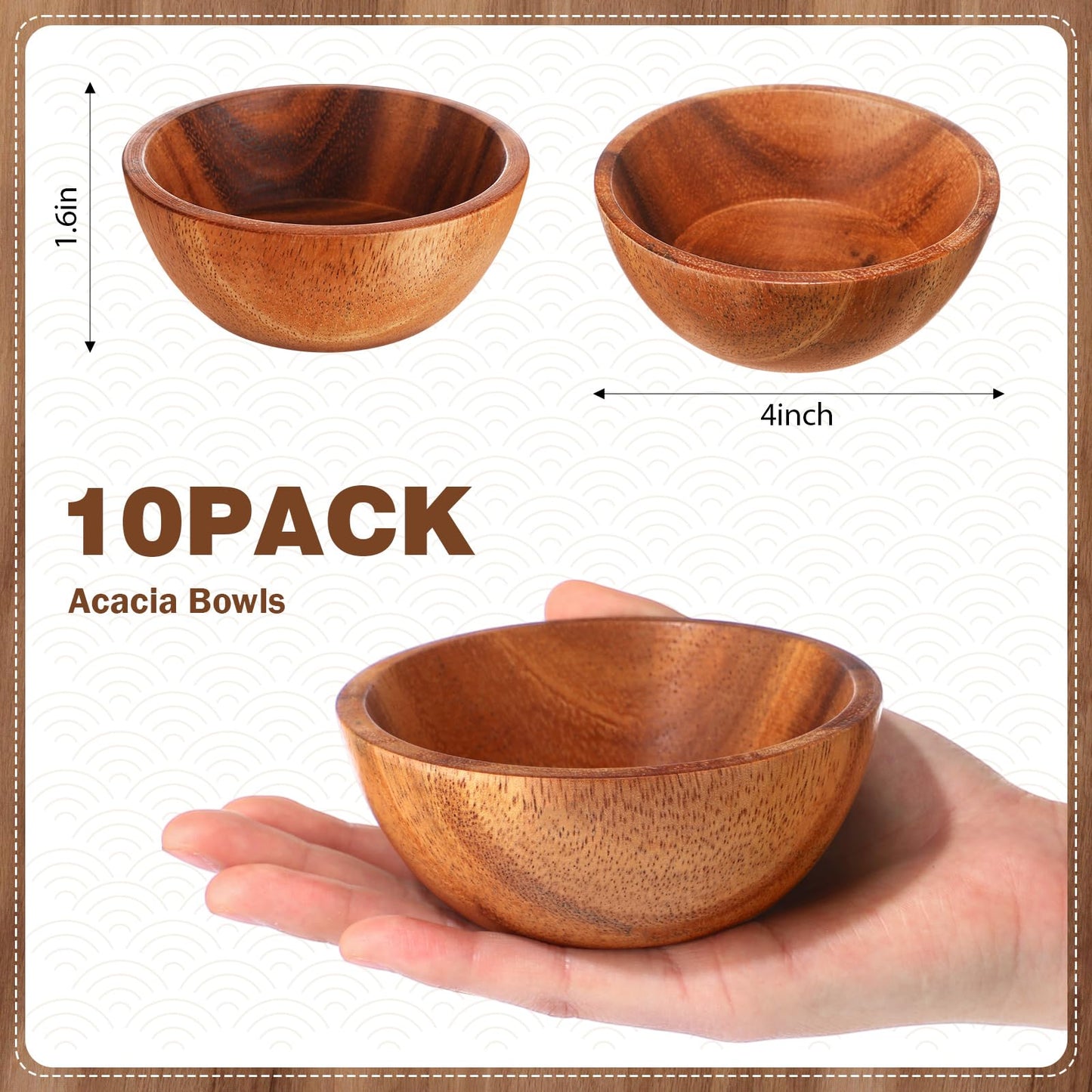 LOYIM 10 Pcs Acacia Wood Small Bowls 4 * 1.6 Inch 8 oz Hand Carved Round Wooden Salad Kitchen Mini Bowls Calabash Dip Tray Charcuterie Accessories for Serving Dipping Condiments Sauce Salsa Candy Nuts