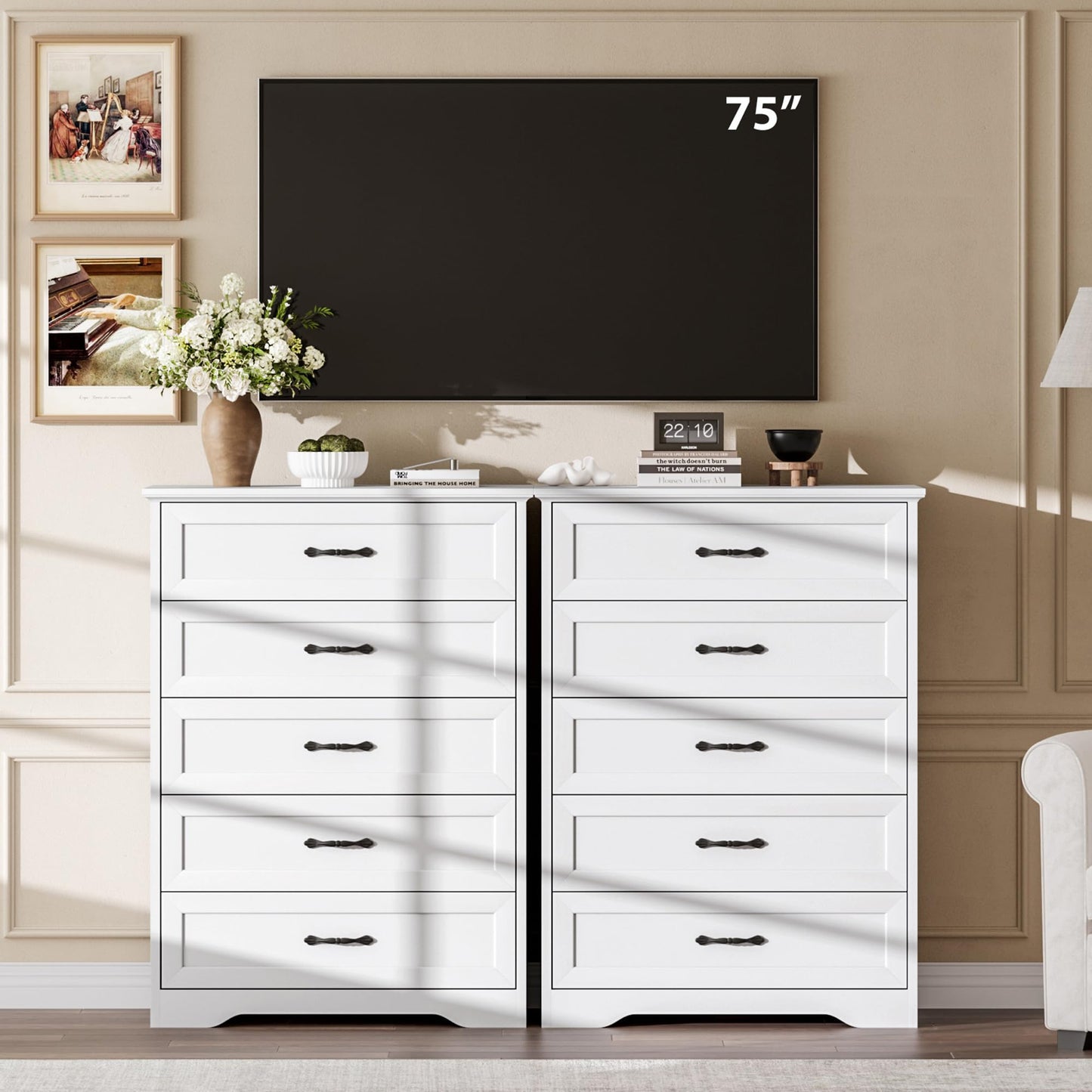 GarveeHome 5 Drawers Dresser for Bedroom, Chest of Drawers with Wide Metal Handle, Farmhouse Modern Wooden Tall Dresser, Natural Texture, Storage Organizer for Bedroom, Living Room, Kids Room(White)