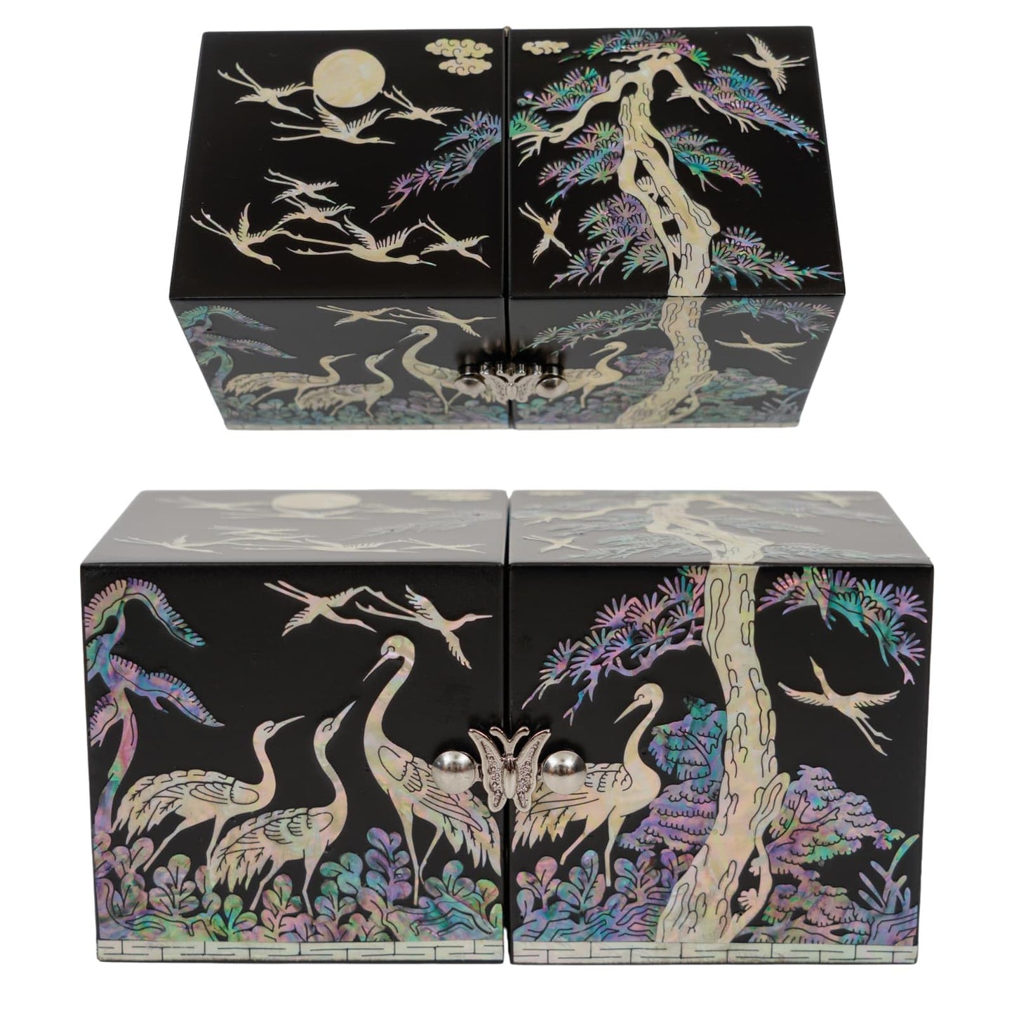 February Mountain Mother of Pearl Sea Shell Inlaid Wooden Cube Jewelry Organizer Box - Perfect for, Bracelets, Trinkets, Watches, Earrings, Chains & Accessories