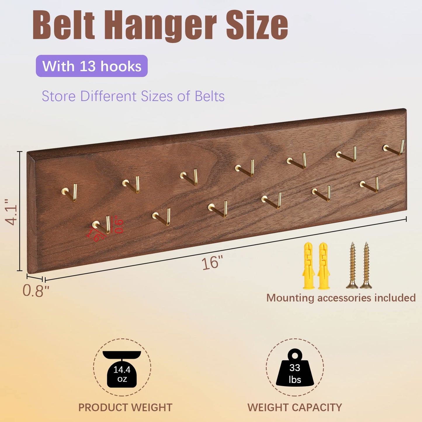 Creproly Belt Organizer - Wall Mounted Hanger for Closet, Holds Over 28 Belts - Wooden Rack with Tie and Scarf Storage (Brown)