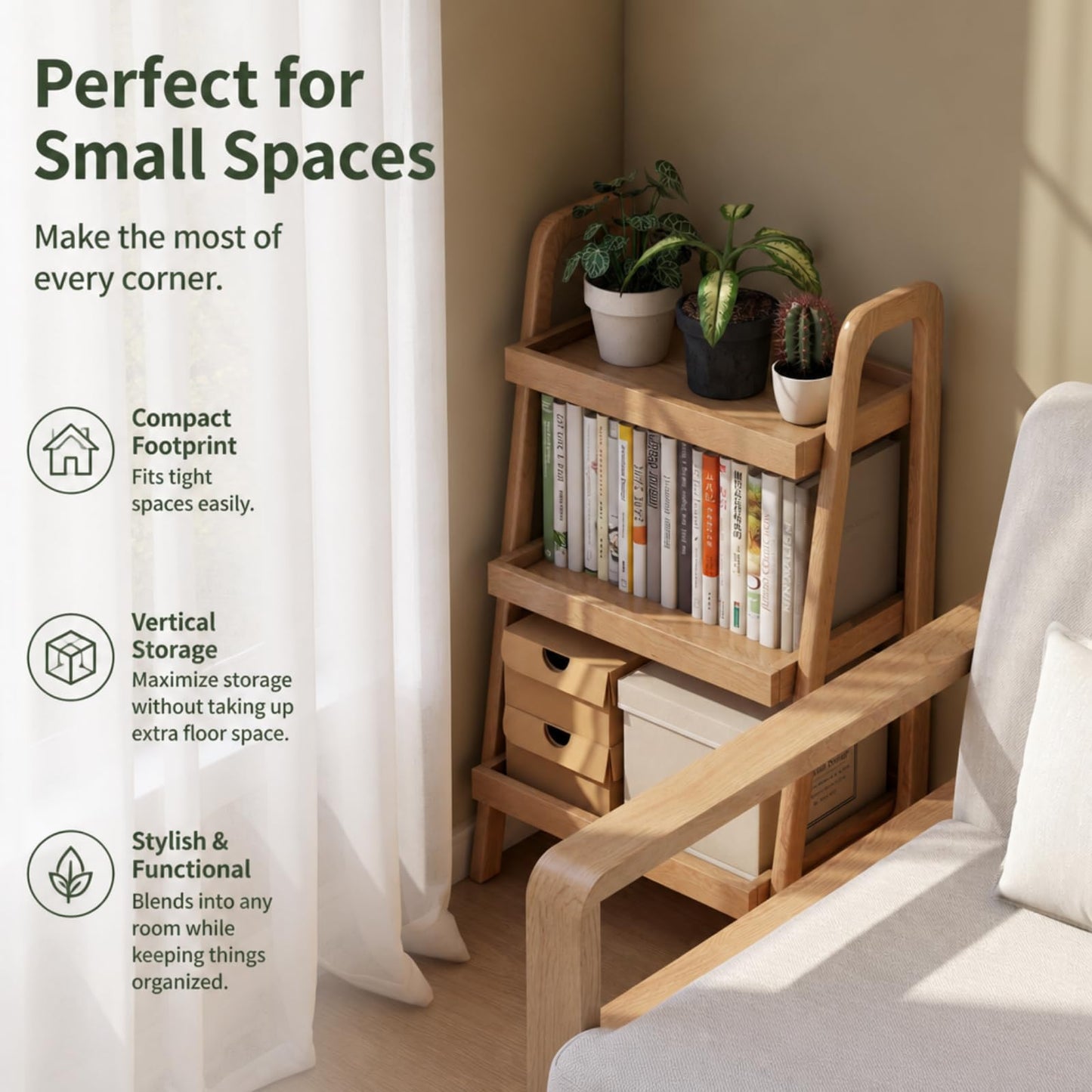 Vadisun 100% Solid Oak 3 Tier Ladder Shelf, Small Bookshelf, Ladder Bookshelf, Bookcase with Stable Frame, Small Table for Living Room Bedroom(Natural, 12.6" L x 17.72" W x 31.5" H)