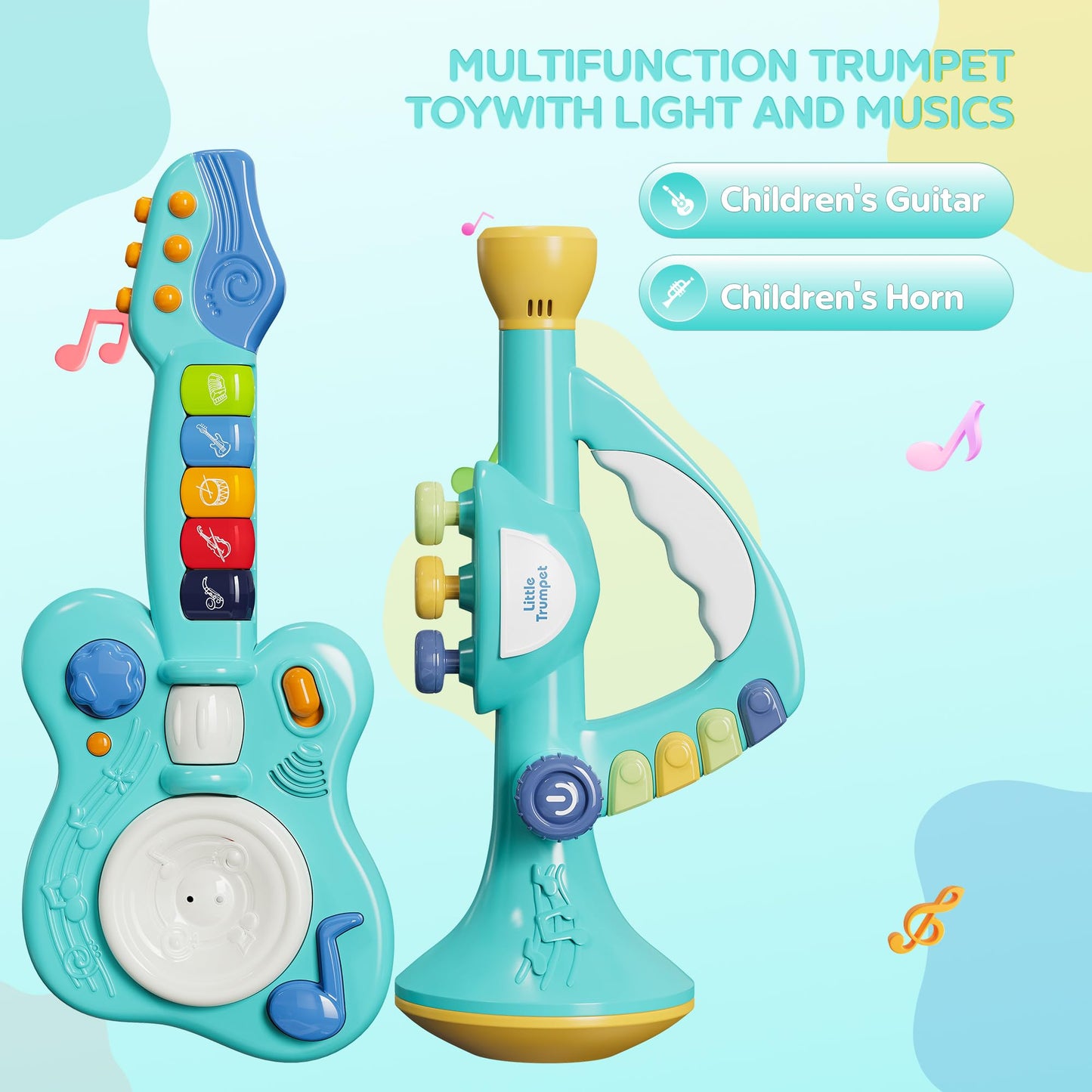 DOLPH HUG Toddler Montessori Musical Instruments Set — Trumpet & Guitar Toy for Kids Ages 2–5 | Preschool Learning, Sensory & Creative Play | Birthday Gift for Boys & Girls Blue