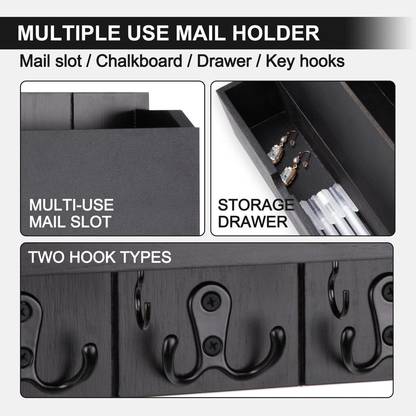 Lucundm Mail and Key Holder Wall Mount with Storage Drawer – Modern Wooden Mail Organizer for Wall Entryway, 7 Key Hooks & Chalkboard Panel – Stylish Home Decor for Apartments, Living Room, Office