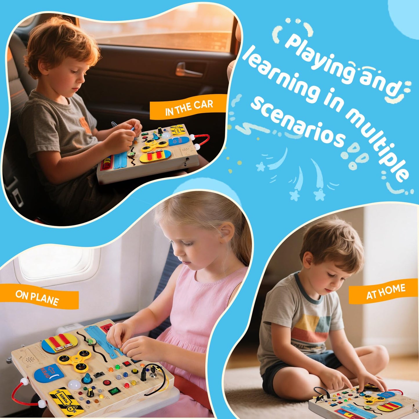 GNAYUIJ Wooden Busy Board Montessori Toy for Toddlers,Educational Learning Toy for 1 2 3 Year Boys & Girls,Sensory Activity Board with LED Light & Music Boxes, Travel Toys for Kids Birthday Gift