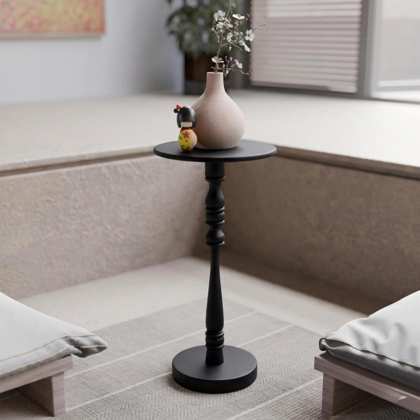 Relso Stambha Solid Wood Drink Table - 24" Tall Round Accent Side Table, Handcrafted Black Finish, Mango Wood, Perfect for Living Room, Bedroom or Indoor Plant Stand, 12" Compact Top