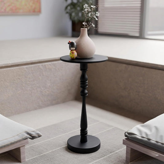 Relso Stambha Solid Wood Drink Table - 24" Tall Round Accent Side Table, Handcrafted Black Finish, Mango Wood, Perfect for Living Room, Bedroom or Indoor Plant Stand, 12" Compact Top