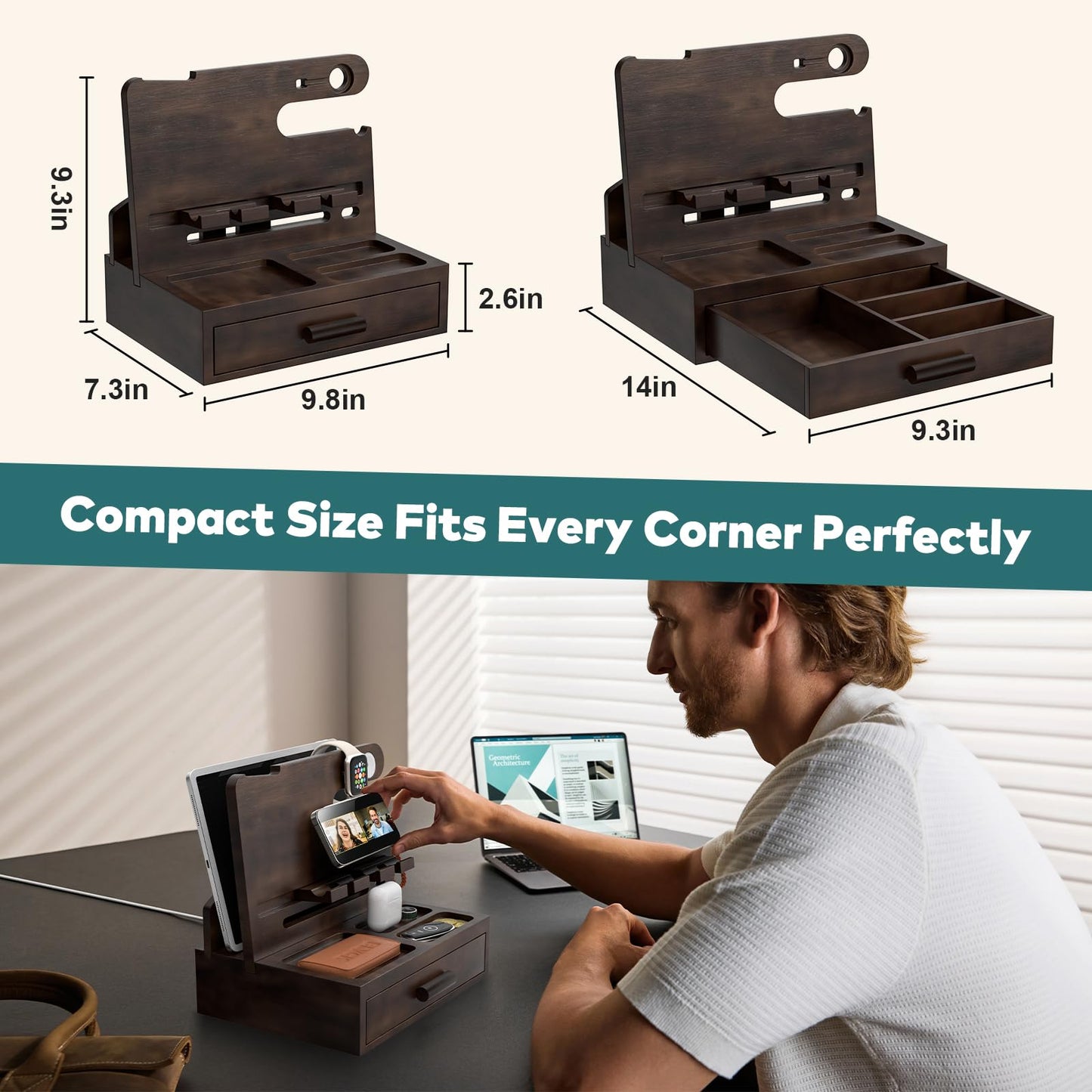 Sephyroth Rustic Wooden Phone Stand Organizer with Drawer Storage, Brown