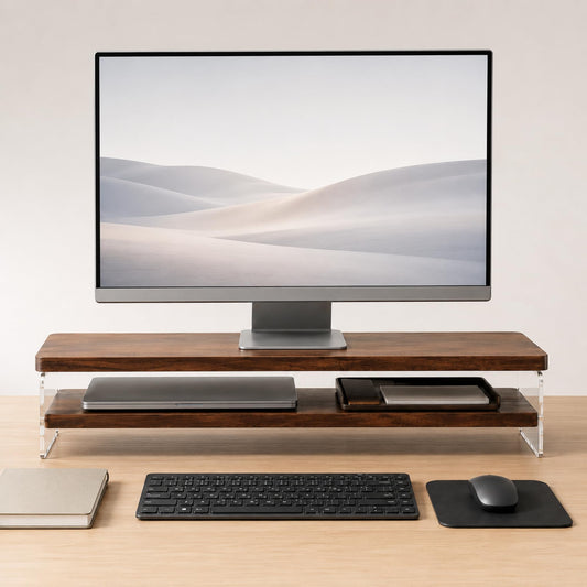 JKBSaoLM 2-Tier Acrylic Monitor Stand Riser with Storage Shelf, Dark Walnut Wood Desk Organizer for Makeup, Keyboard & Desk Accessories, Aesthetic Monitor Riser for Home Office & Vanity