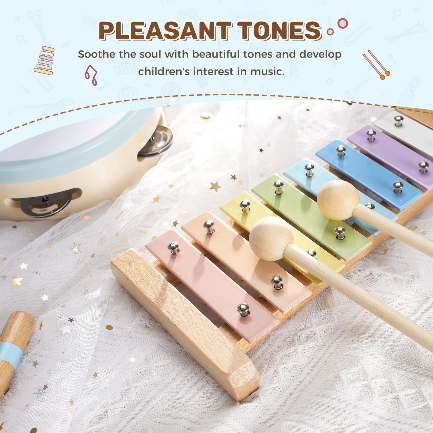 POGOLAB Musical Instruments for Toddler 1-6, 8-in-1 Wooden Sensory Toy for Preschool Learning