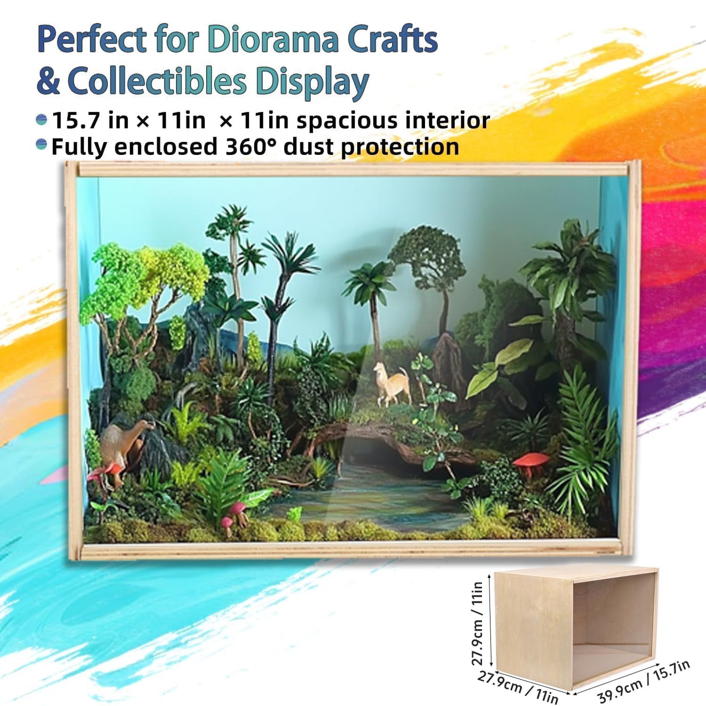 iLAND Wooden Diorama Box Large Display Boxes for Collectibles Figures Miniatures and a Dollhouse Room Box Unfinished 15.7“x 11”x11“ Quick-Build Without Screws or Glue, Dustproof Smooth Sturdy