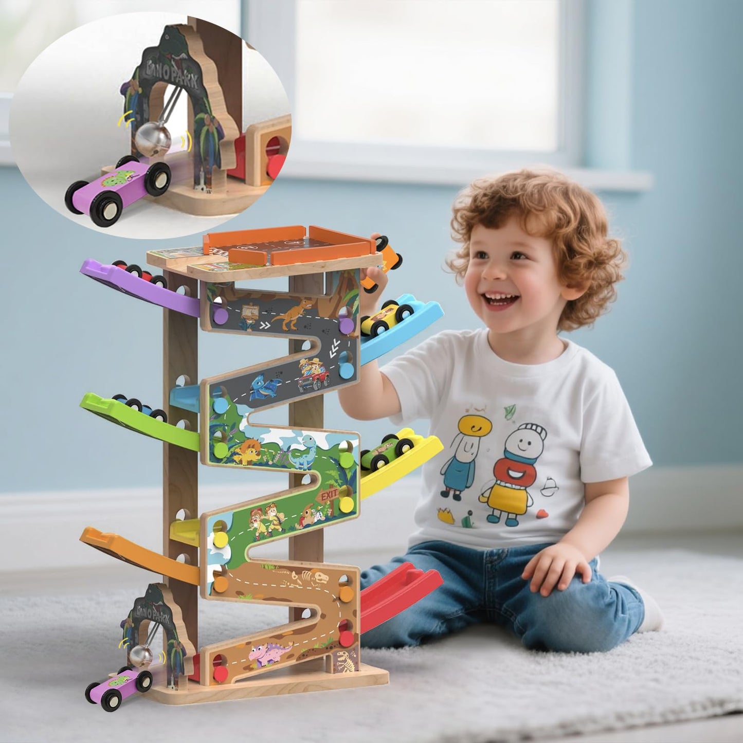 Letoiz Wooden Race Track Car Ramp Racer Toy for Toddlers, Dinosaur Car Ramp Toy Vehicle Playsets with 12 Mini Cars - Fine Motor Skills Toddler Toys for 2 3 Year Old Boy and Girl Birthday Gifts (Combo)