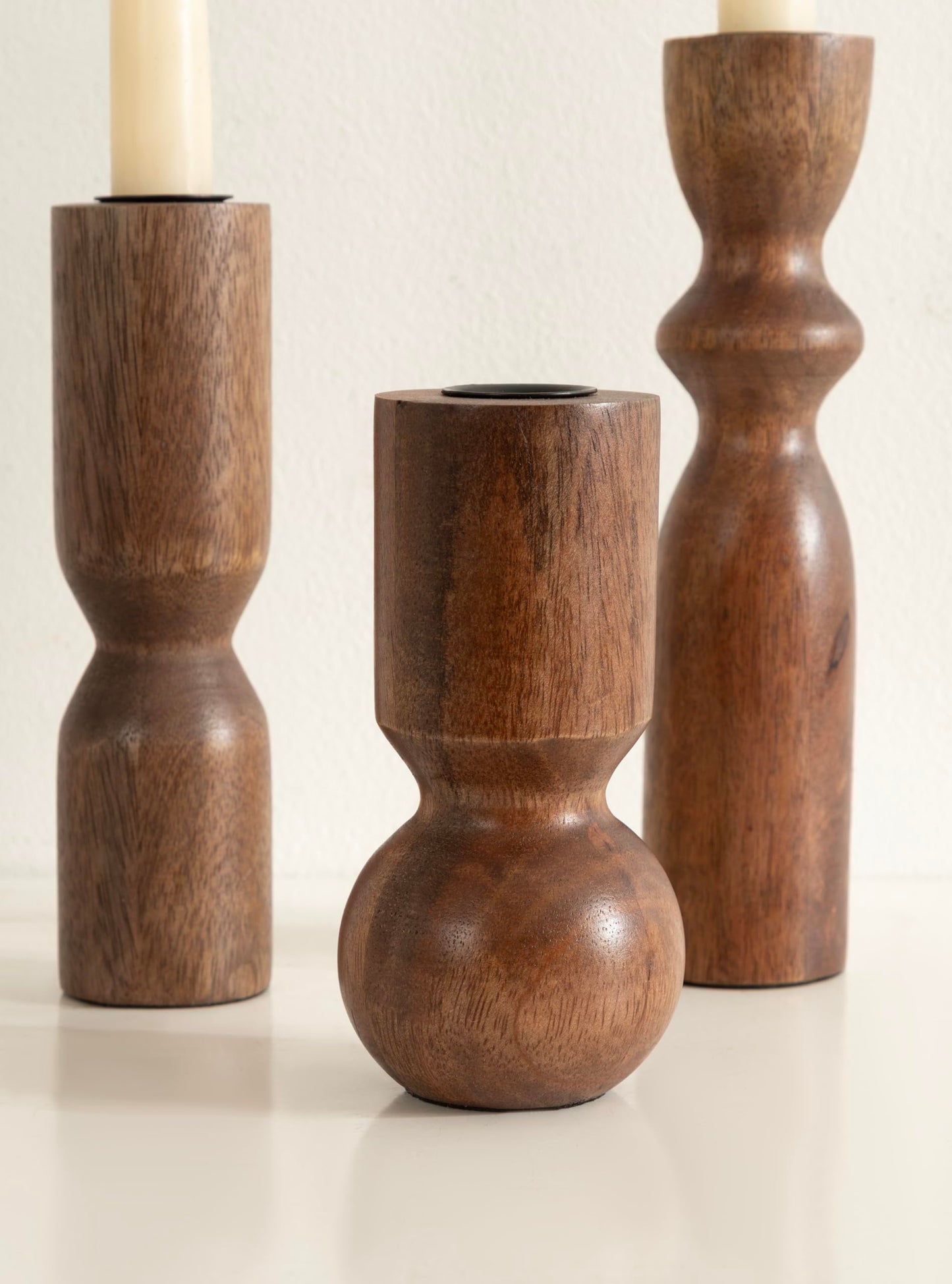Kate and Laurel Pico Modern Three-Piece Mango Wood Taper Candle Holder Set, Set of 3, Walnut Brown, Transitional Wooden Candlestick Holders for Dining Table or Fireplace Mantel Display