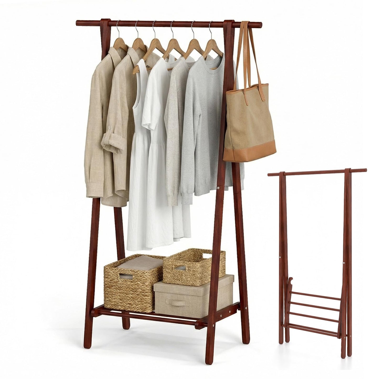Giantex Folding Clothes Rack, Solid Rubber Wood Clothes Hanging Stand with Storage Shelf for Garments Hats Handbags, Wooden Clothing Rack for Bedroom, Living Room, Entryway