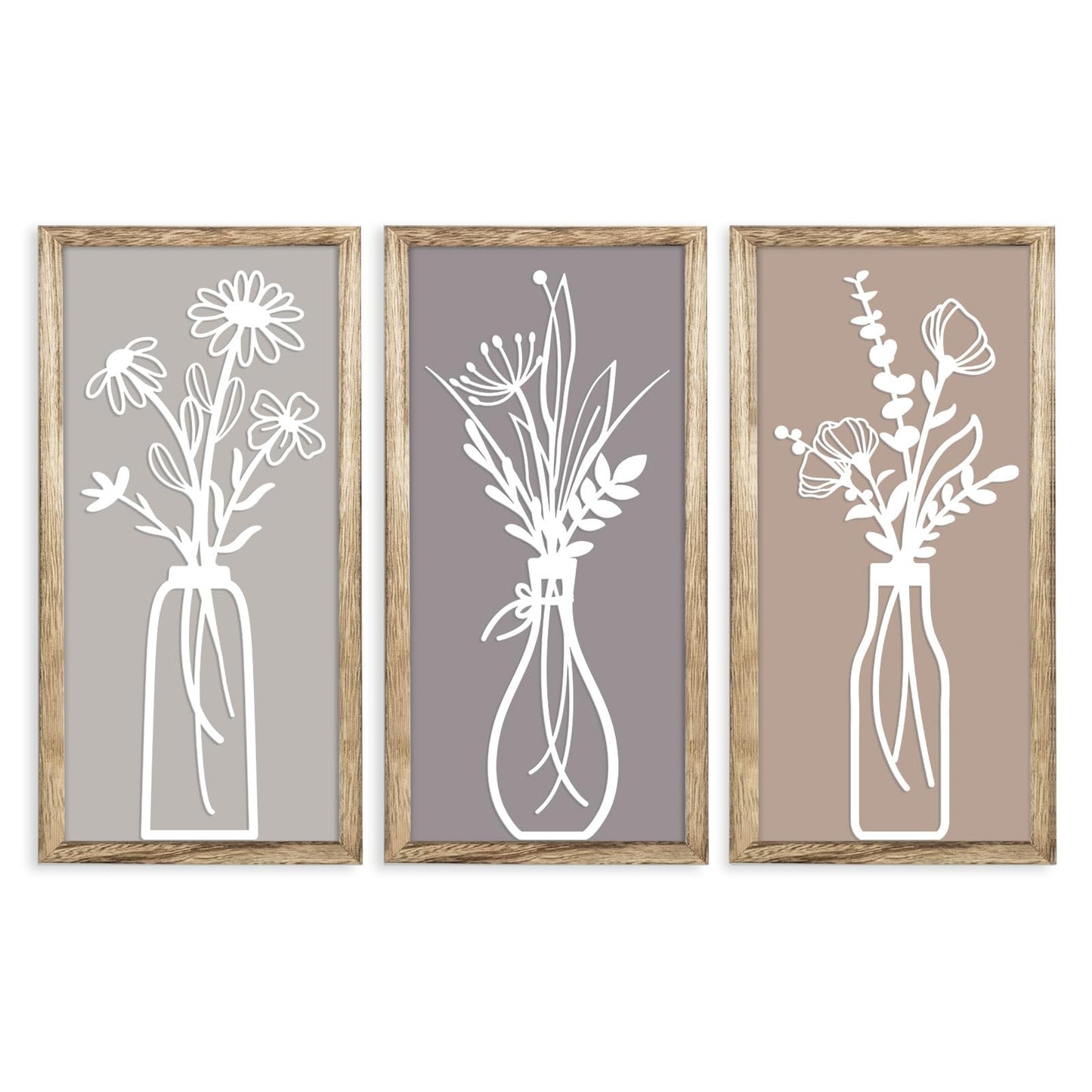 Pigort 3 Pieces Wooden Framed Floral Wall Arts - Farmhouse Flower Wall Art Natural Themed Home Wall Decors for Living Room Bedroom Dining Room Office 7.8x15.7 Inch (Retro)