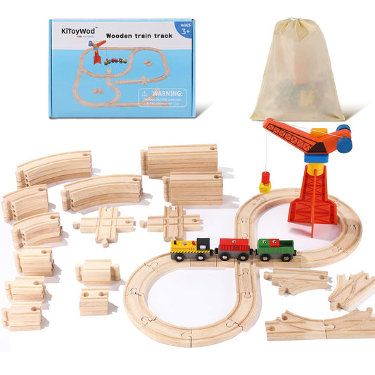 KiToyWod Wooden Train Track Set 62pcs, Wood Railway Systems Accessories Expansion Pack with Train + Crane, for 3-10 Years Toddlers Birthday Gift, Christmas Toys, Compatible with Major Brands (62 PCS)