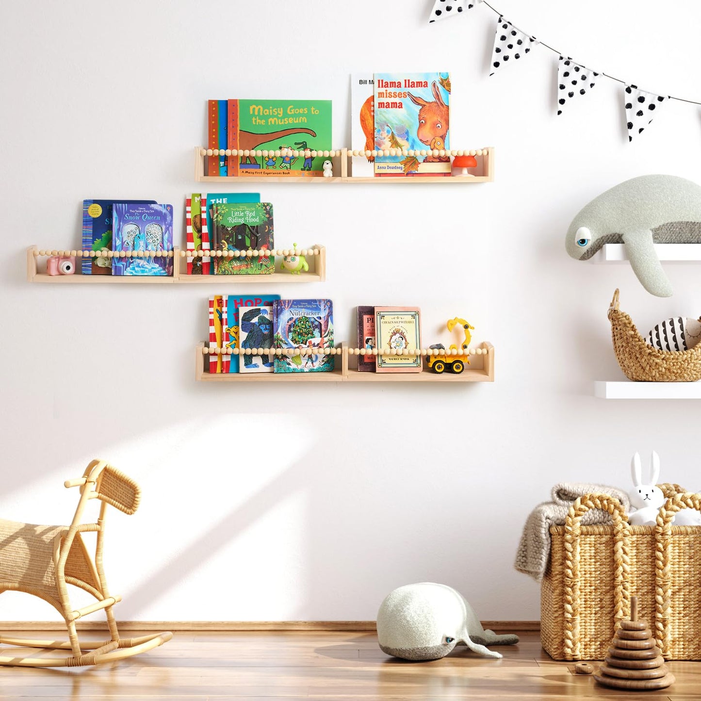 HiMummy 32 Inch Floating Shelf with Wooden Bead Design - Solid Pine Wall Mounted Bookshelf, Child-Safe Nursery Storage for Kids Room Decor, Set of 3(Pre-Strung Bead Strings)