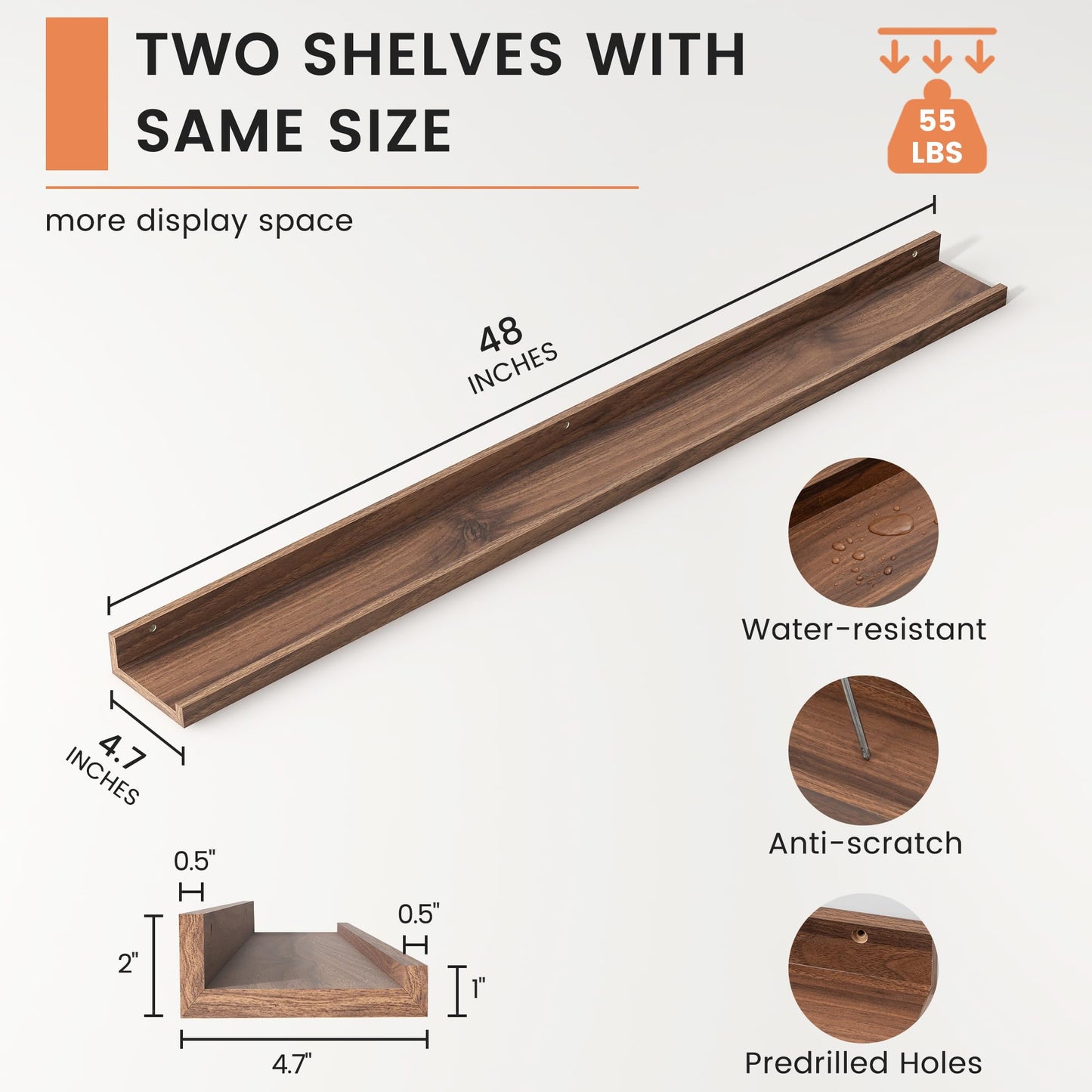FLYJOE Picture Ledge Shelf, Floating Shelves Set of 2, 48 Inches Long Large Nursery Book Shelves for Toys Storage, Kids Bookshelf Wall Mounted for Living Room Bedroom Decor Books Photo Frames, Walnut