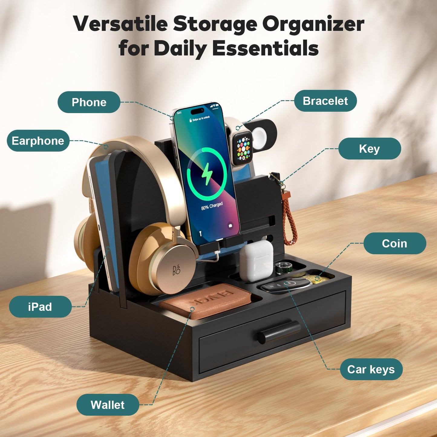 Sephyroth Bamboo Phone Docking Station Nightstand Organizer Cell Phone Stand Gifts for Men, Dad Gifts for Boyfriend, Husband with Drawer Storage (Black)