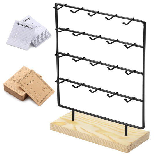 RUINENGDA Earring Display Stands for Selling 4 Tier 20 Hooks Jewelry Display Wooden Base Earring Holder Organizer Display Stand for Earings Necklaces Rings Bracelets Keychains (Black)