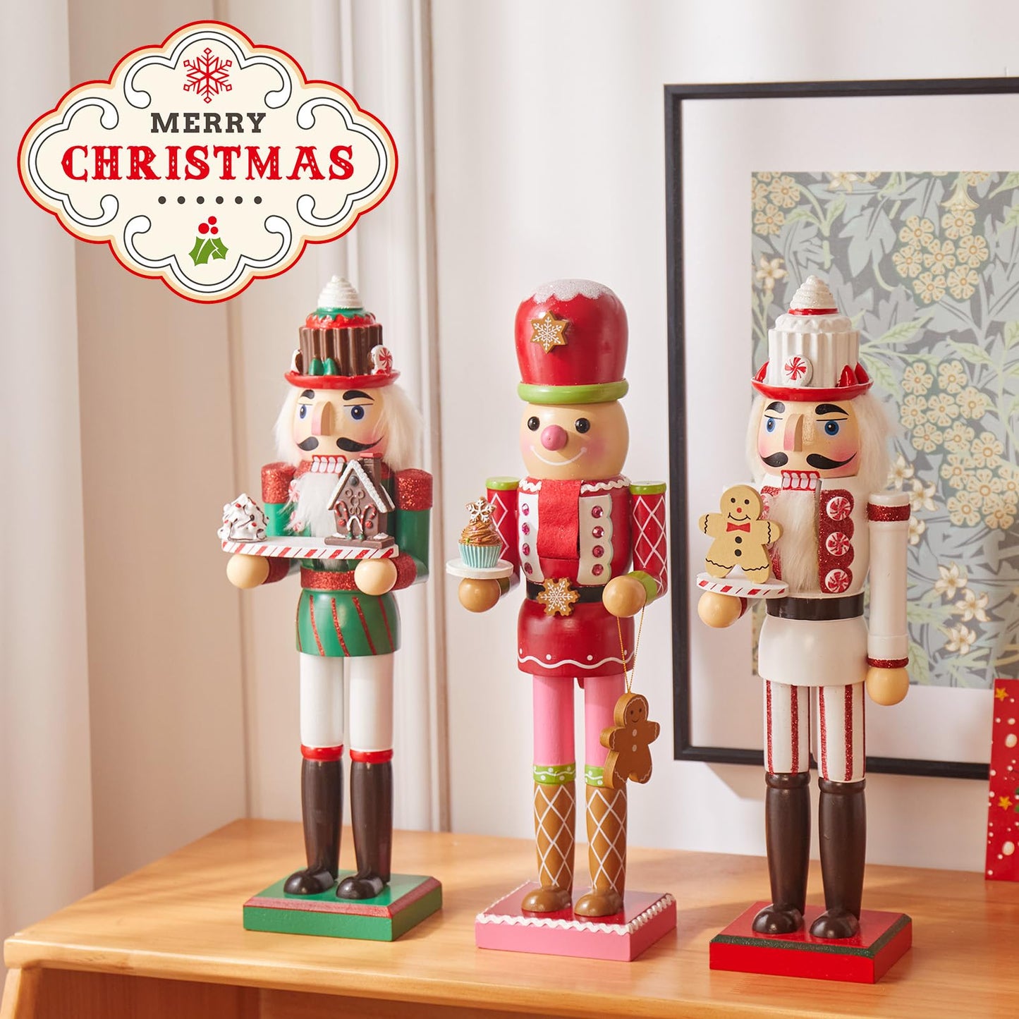 Geetery 3 Pcs Valentine Nutcracker Figures Decor 14 Inch Wood Pink Nutcracker Table Centerpiece Valentine Gift for Holiday Shelves Indoor Tabletop(Gingerbread Style)