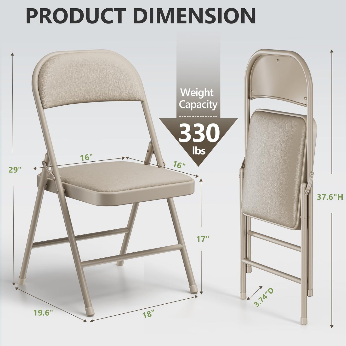 FurniEdge Padded Folding Chairs 2 Pack, PU Leather Folding Chairs for Outside and Indoor, Heavy Duty Portable Foldable Metal Chairs for Home Office, Dorm, Party, Backyard, Patio, Khaki
