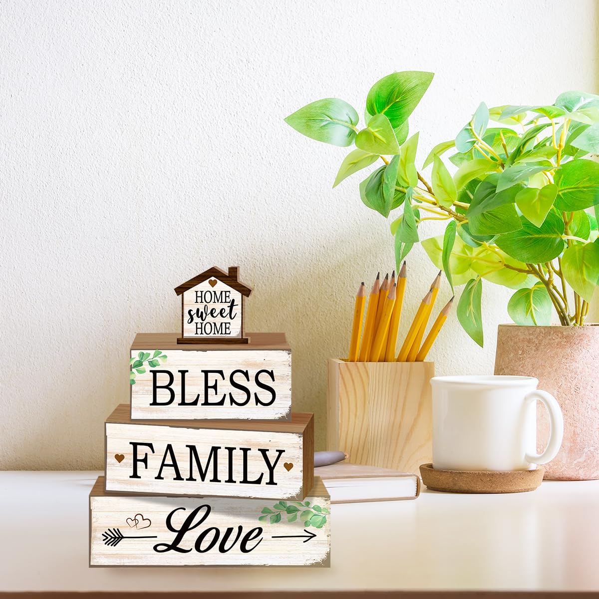 4 Pcs Sweet Home Table Decoration,Bless Family Love Wooden Block Signs,Farmhouse Table Centerpiece for Living Room Entryway Table Mantel Kitchen Counter Decor