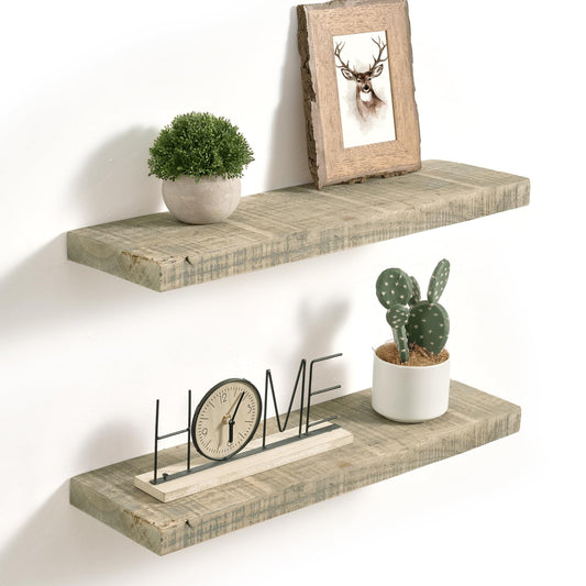 Axeman 24 Inch Rustic Wooden Floating Shelves for Wall|Solid Reclaimed Wood Wall Mounted Shelves with Invisible Brackets for Books Bathroom Kitchen Storage|8 Inch Deep|2 Pack, Grey