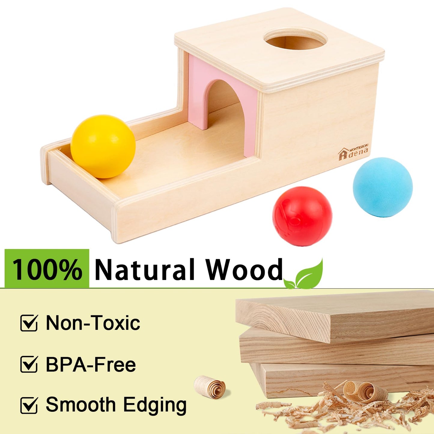 Adena Montessori Object Permanence Box with Tray Three Balls Montessori Toys for 6-12 Months Baby 1 Year Old Infant Toddler Wooden Pink Door for Girl