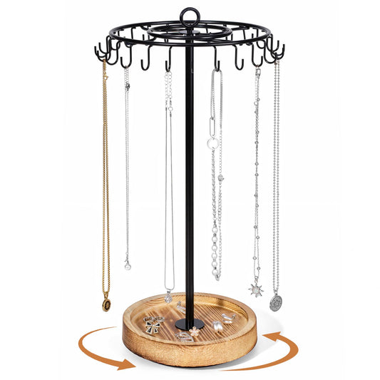 Losneg Rotating Necklace Holder, Necklace Organizer Tree Stand with 24 Hooks, Jewelry Necklace Display Stand, Wooden & Metal, Tall Spinning for Vendors Retail, Gift for Mother Women, Vintage Black