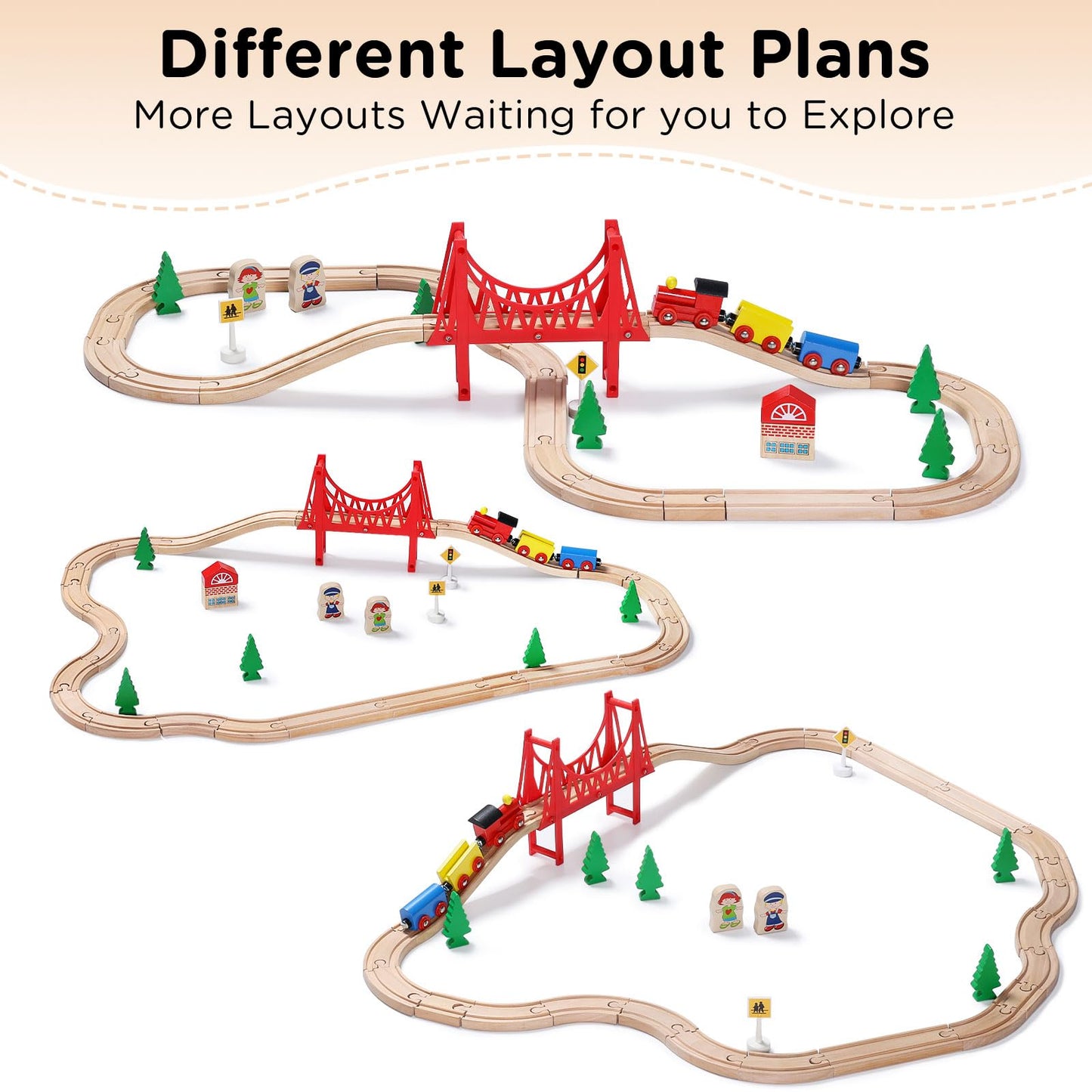 SainSmart Jr. Wooden Train Set for Toddler - Double-Side Wooden Tracks Fits Brio, Thomas, Melissa and Doug - Expandable, Changeable-Kids Wood Toy Train for 3,4,5 Year Old Boys and Girls