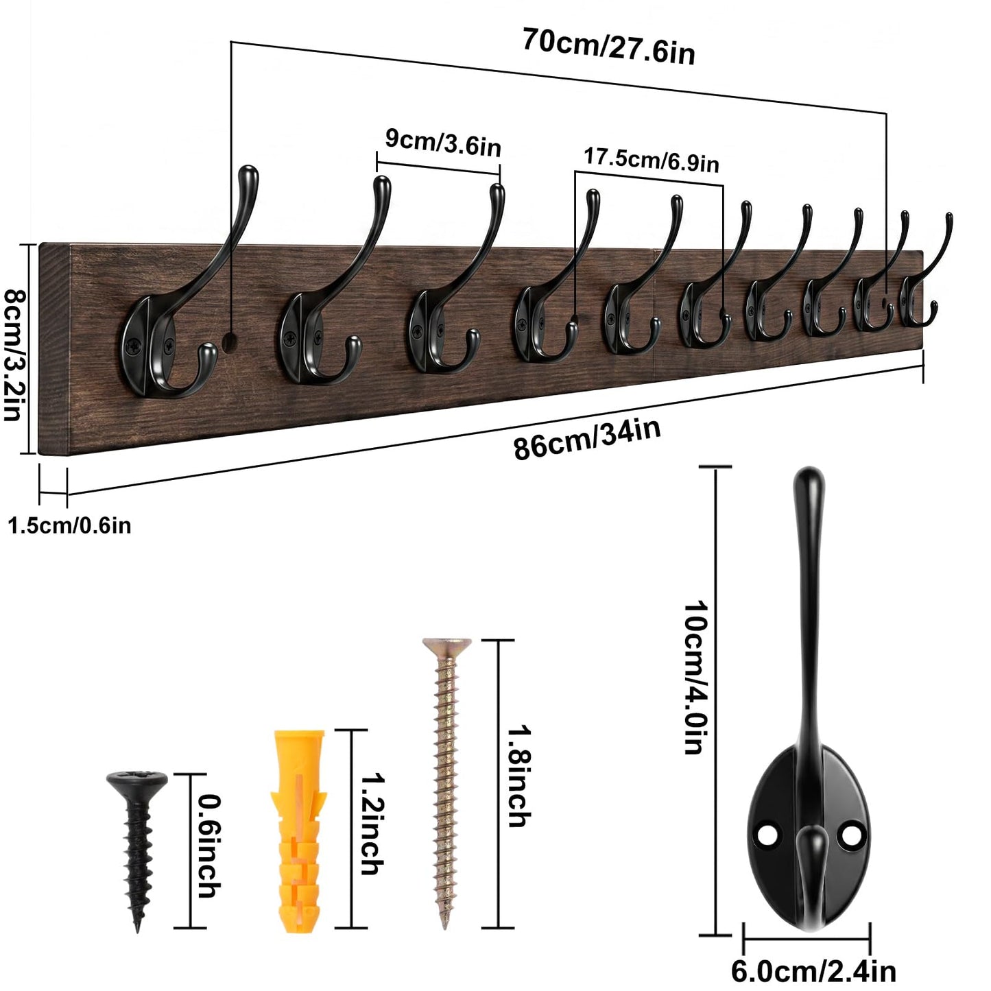 IBosins Wall Mounted Coat Rack,Vintage Wood Coat Rack, 34" Long with 10 Black Double Hooks Rail for Entryways, Bathrooms, Living Rooms to Hang Coat, Scarve, Hat,Key, Bag