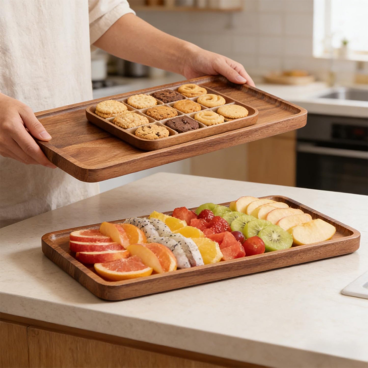 VERTORGAN 2 Pack Acacia Wood Serving Tray,13.8x7.9 Inch Decorative Trays Platter for Coffee Table,Living Room,Bar,Party,Mini Charcuterie Boards Cheese Board,Home Decor