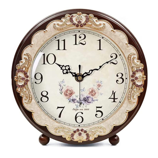 Justup Vintage Wooden Table Clock, Retro Non-Ticking European Style Beside Mantle Desk Clock Battery Operated Silent Quartz Movement for Bedroom Living Room Indoor Decor (Purple)