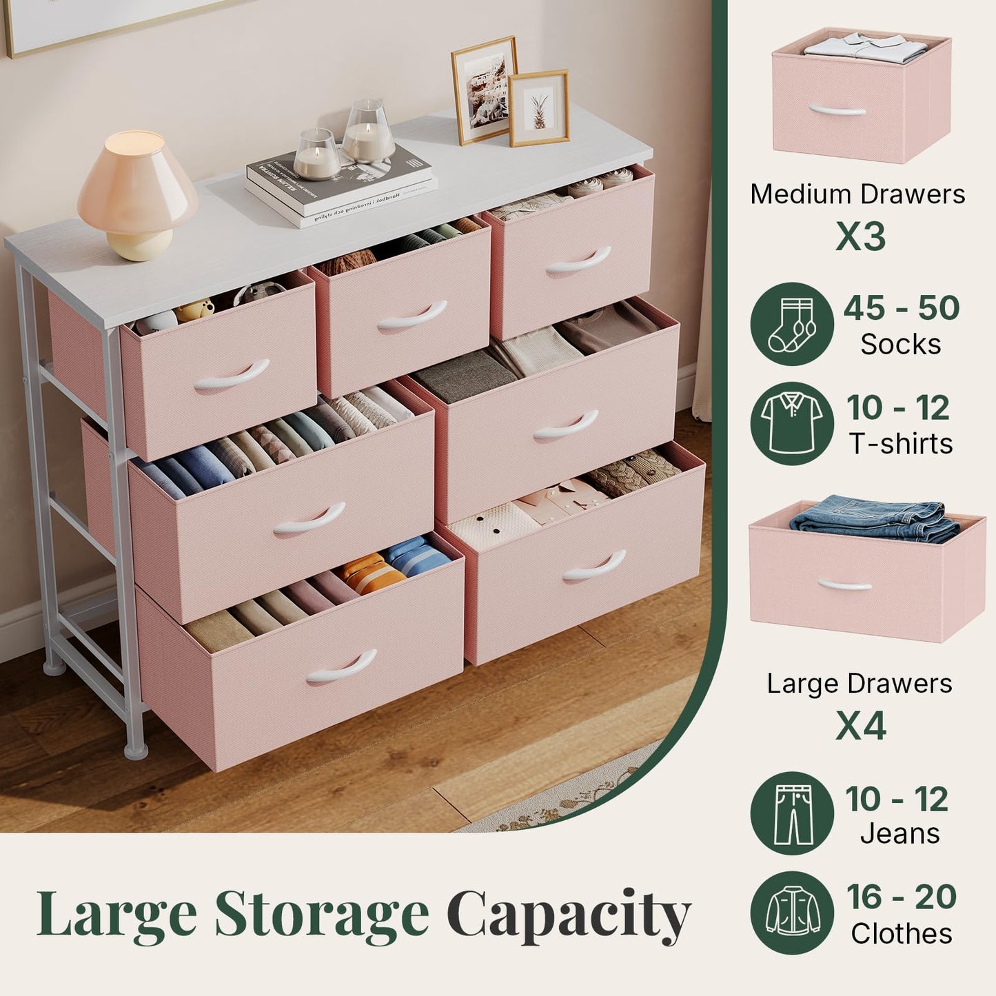 HAPPYMONT Fabric Dresser for Bedroom with 7 Drawers, Chest of Drawers, Wood Top and Metal Frame Organizer for Clothes, Closet, Entryway, Hallway, Living Room Furniture