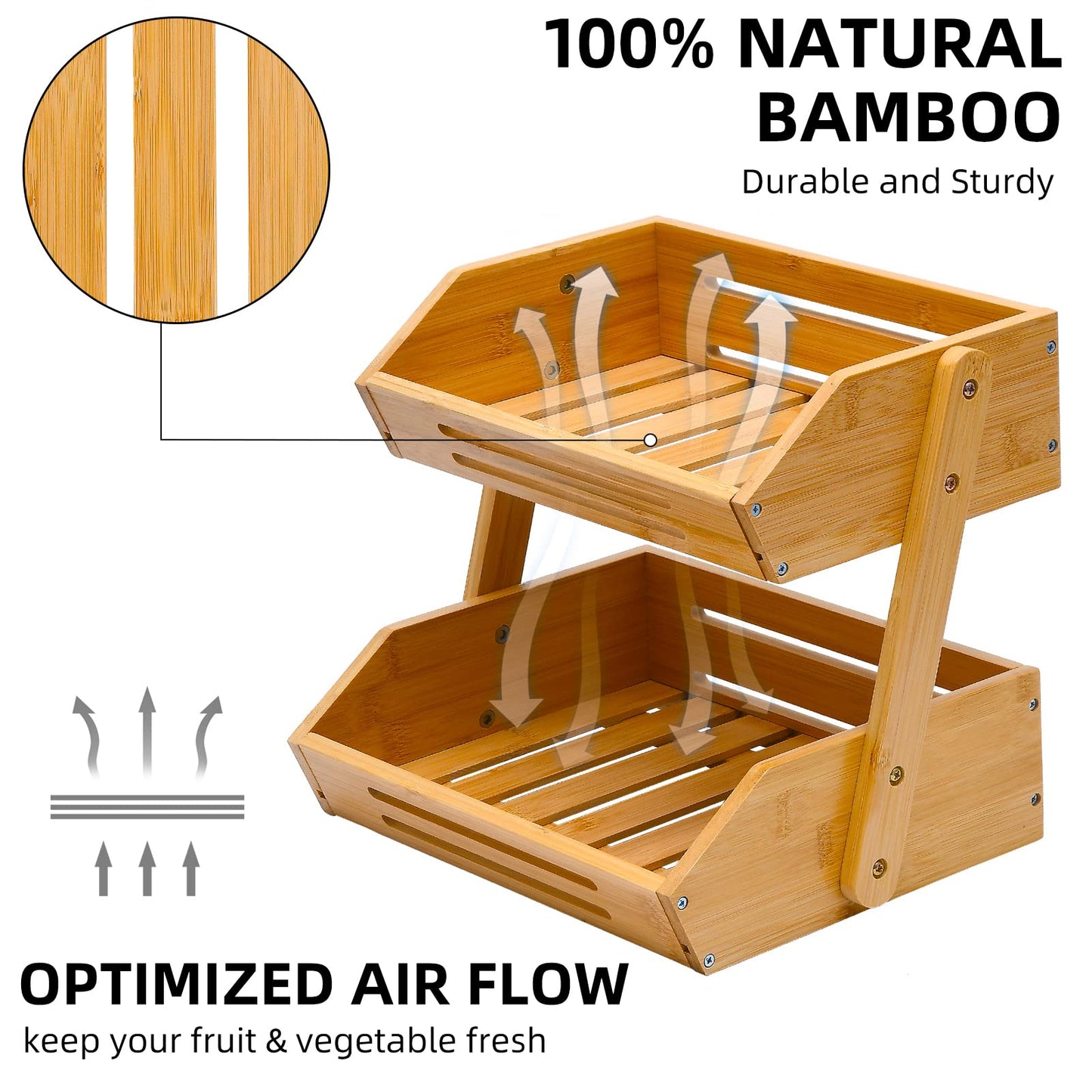 VIKEYHOME Fruit Basket, 2 Tier Bamboo Fruit Basket for Kitchen, 11" Tall Fruit Stand Storage Holder, Heavy Duty/Large Capacity for Vegetables, Fruit, and Snack, 15 mm Thickness (Self-assembly)