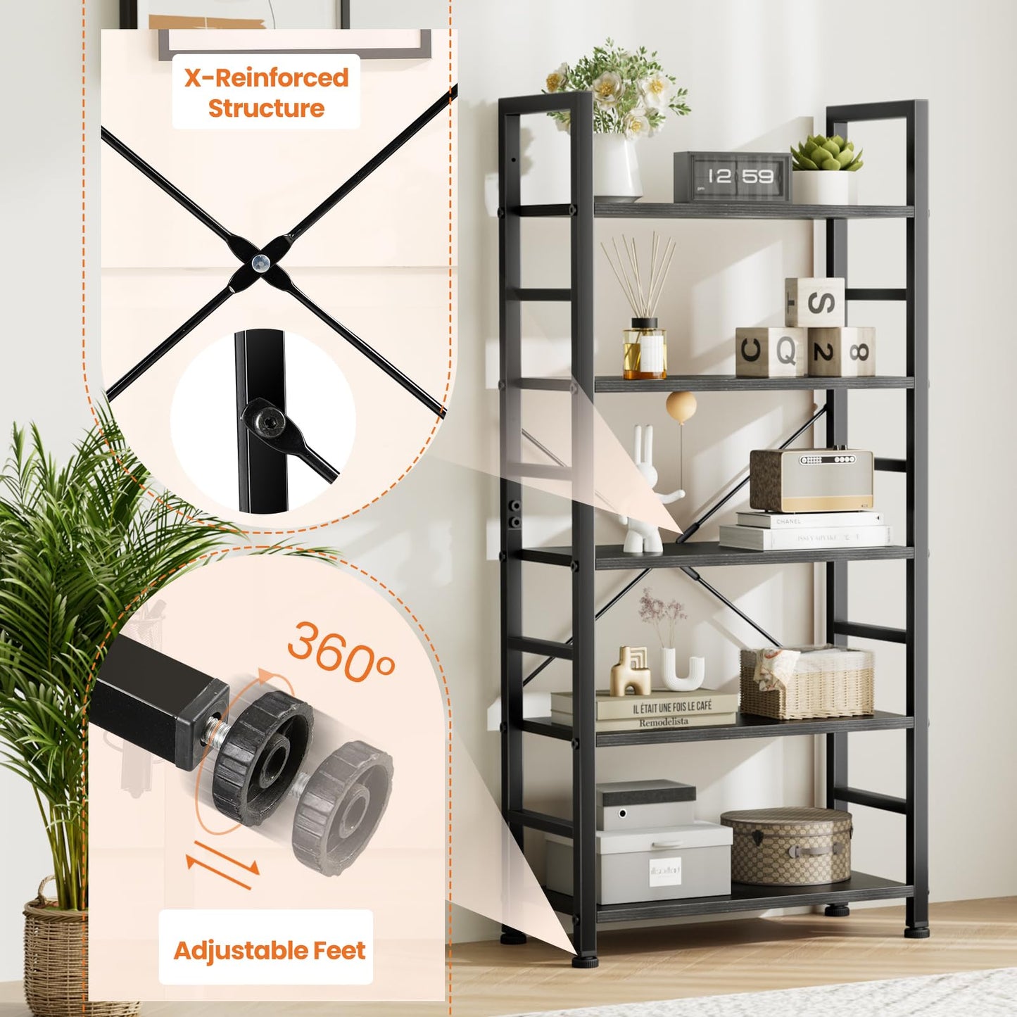 Sweetcrispy Book Shelf, 5 Tier Bookcase, Modern Tall Bookshelf for Garage Kit, CDs, Movies, Industrial Corner Storage Organizer for Bedroom Home Office Kitchen Living Room, Black