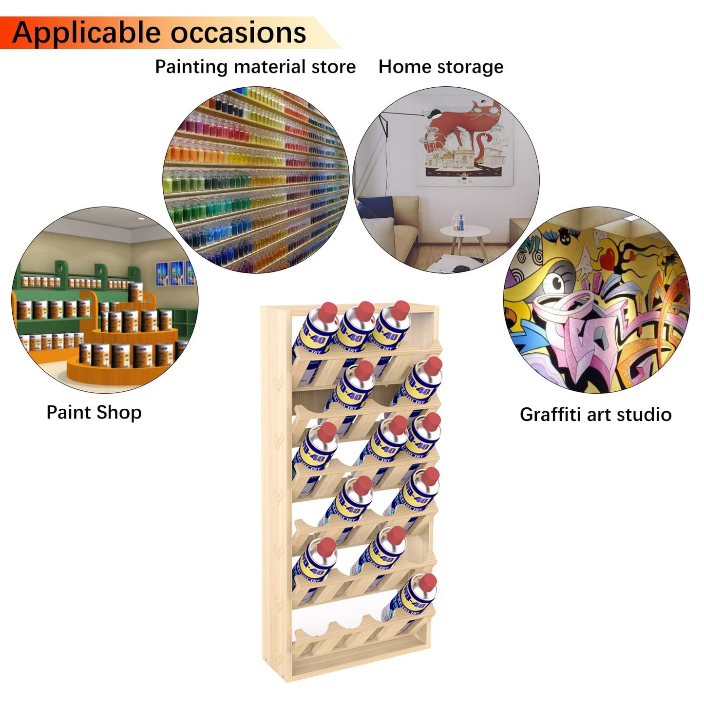 Nisorpa 24 Can Spray Paint or Lube Can Holder Aerosol Can Rack 6-Tier Wooden Spray Paint Can Storage Rack Wall Mount Aerosol Spray Can Organizer for Garage and Craft Workroom- 14.2" L x 5" W x 30" H