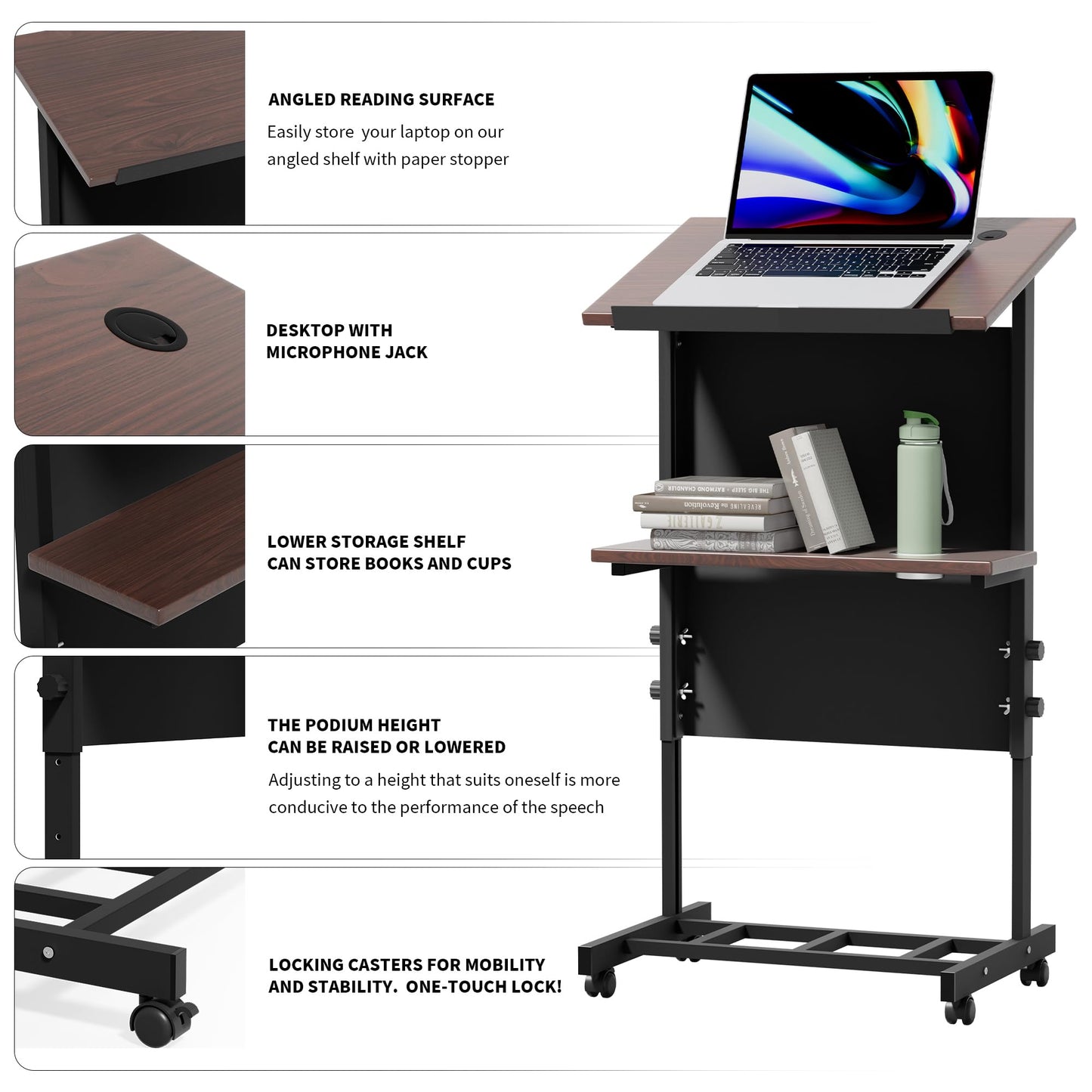 Portable Podium with 7 Adjustable Heights,Podium Stand with Shelf and Cup Holder,Lectern for Seminars,Schools and Conferences (Black)