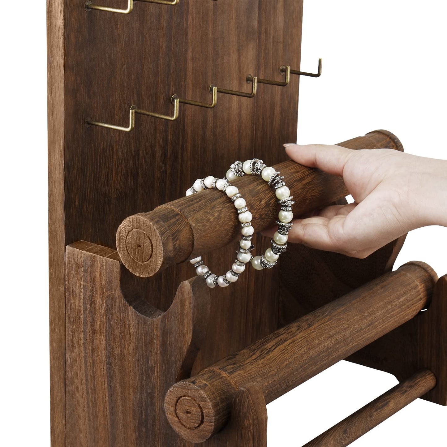 Ikee Design 18 Hooks and 2 Removable Bars Wood Jewelry Holder Organizer Stand, Earring Bracelet Jewelry Display Stand Organizer, Necklace Bracelet Holder, Brown Color