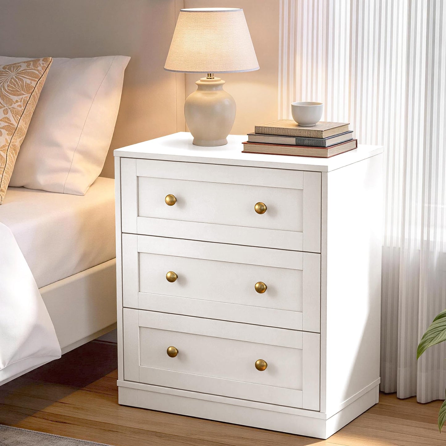 RoyalCraft White 3 Drawer Dresser, Small Dresser for Bedroom, Wood Nightstand with Drawers, Modern Chest of Drawers for Closet, Living Room, Entryway