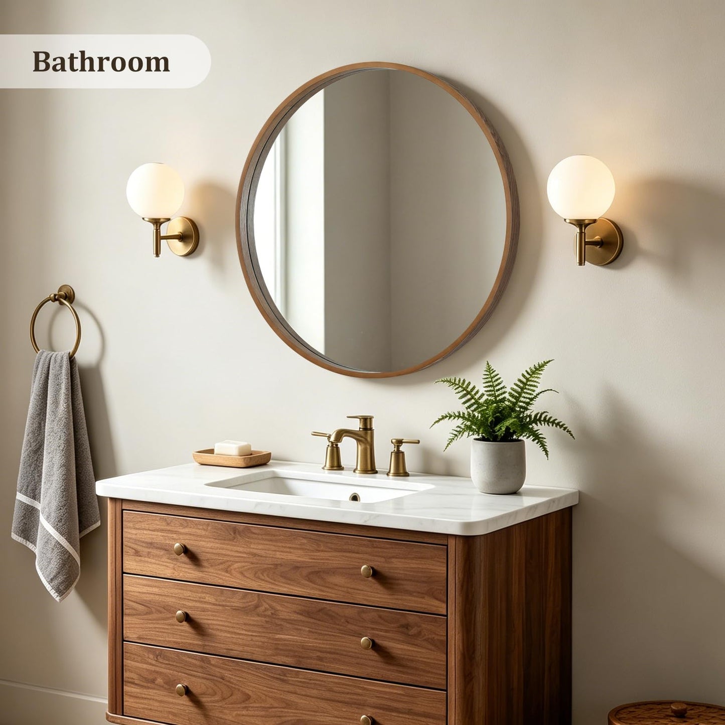 HOMECOOKIN Round Wood Mirror 28 inch Circle Mirror, Rustic Farmhouse Wooden Framed Decorative Wall Decor, Vanity Wall Mirror for Bathroom, Bedroom, Entryway, Living Room (Walnut)