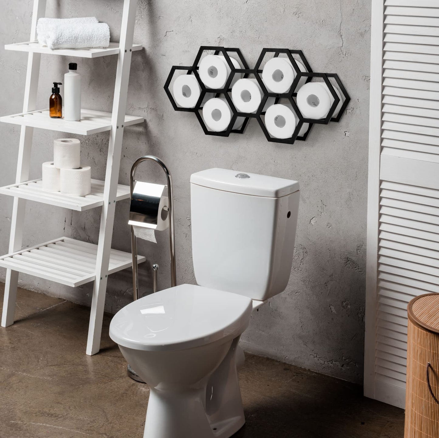 Beeveer Hold 7 Rolls Modern Floating Honeycomb Toilet Paper Holder Stand Modern Wooden Toilet Paper Storage Shelves for Tissue Honeycomb(Black)