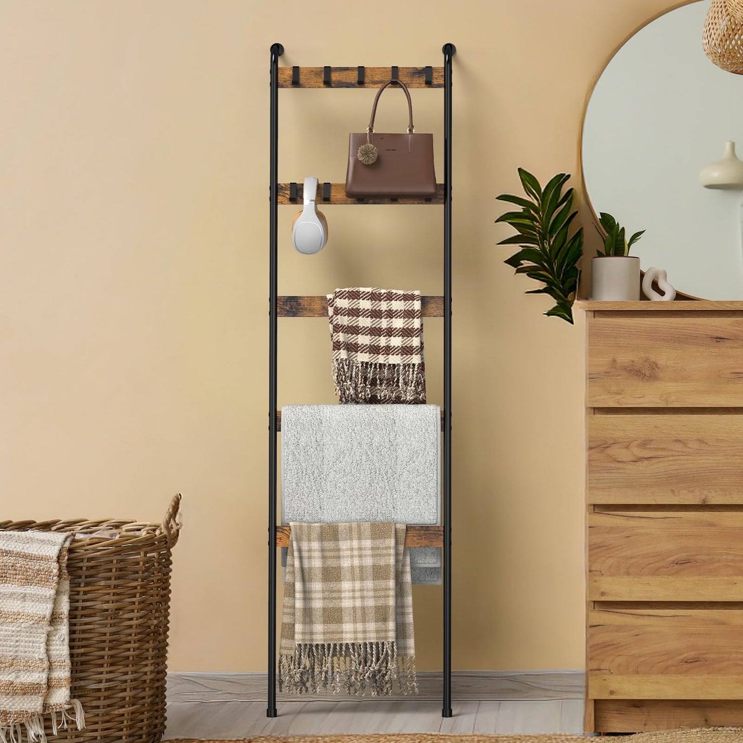 NOMISPADVIC Blanket Ladder for Living Room Towel Ladder for Bathroom Decorative Quilt Rack for Home Decor 5-Tier Throw Blanket Holder with 10 Hooks, Rustic Brown and Black