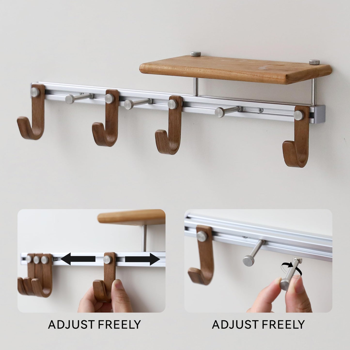 XAOHOME Wall Mounted Coat Rack with Shelf, Modular Entryway Hooks Organizer, Adjustable Aluminum Rail with Wooden Hooks, Expandable Storage for Entryway, Hallway, Mudroom